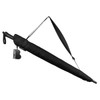 A black umbrella with a handle and strap, featuring a branding logo and tag.