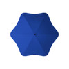 A blue umbrella with a unique star-shaped design and a centre button, featuring a logo on the handle.