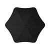 A black sport umbrella with a unique octagonal design and a central closure mechanism. It features a logo.