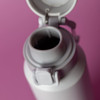 A drink bottle in grey with a cap and a spout, featuring a logo on the side.