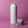 A drink bottle in white, featuring a screw-on lid, positioned against a pink background. It has a logo on the side.