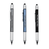 Three pens in grey, blue, and black with a silver grip and a logo on each.