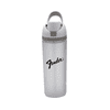 A drink bottle in silver with a grey lid and a carry handle, featuring a logo on the front.