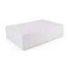 A plain white box with a smooth surface and no visible markings, featuring a rectangular shape and open edges.