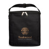 A black insulated cooler bag featuring a front pocket and a logo on the front. It has a zip closure and handle.