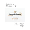 A promotional card with a white background, featuring a festive design, and space for custom messages and logos.