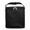 A black insulated cooler bag with a zippered top and a front pocket. It has an adjustable strap for easy carrying.