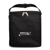 A black insulated bag with a zip closure and a front pocket, featuring a logo.