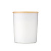 A large white glass candle with a bamboo lid, designed for home and living decor.
