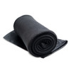 A rolled black fleece blanket with a smooth finish, featuring a protective fabric layer underneath.