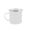A white mug with a silver rim and a handle, featuring a simple and sleek design.
