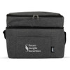 A grey cooler bag with a zippered top, featuring a front pocket and a logo.