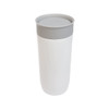 A stainless steel coffee cup in white with a gray lid, featuring a smooth, sleek design and a logo.