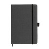 A grey notebook with a black elastic band closure and a ribbon bookmark. It has a simple, sleek design.