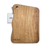 A wooden cutting board in a natural finish with a rounded edge and a hole for hanging, featuring a logo.