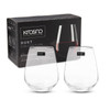 A set of two clear stemless wine glasses in front of a branded box, featuring a sleek design.