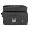 A grey insulated cooler bag with a zippered top and a front pocket, featuring a logo.