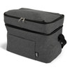 A grey insulated cooler bag with a zippered top and a front pocket, featuring a carry handle.