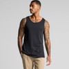 A black singlet featuring a relaxed fit, displayed on a model with tattoos, against a neutral background.