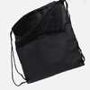 A black drawstring bag with a zippered pocket and adjustable shoulder straps. It features a simple design and has a logo.