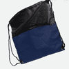 A drawstring bag in black and navy blue, featuring a zippered front pocket and two drawstrings.