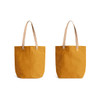A yellow tote bag with tan straps, featuring a logo. Two angles displayed.