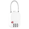A white TSA lock with a flexible metal shackle and a combination dial, featuring a small logo.