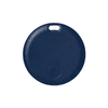 A round, navy blue tag with a central raised circle and a top loop for attachment.