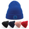 A collection of beanies in blue, black, navy, pink, and red, featuring a logo on the front of the blue beanie.