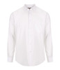 A white long-sleeve shirt with a button-up front and a single chest pocket. Features a subtle logo on the design.