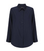 A navy blue long-sleeve shirt with a button-up front and a collar, featuring a logo.