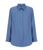 A blue long-sleeve shirt featuring a collared neckline and a button-up front, with a minimalistic design.