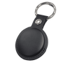 A black tracking tag with a leather-like case and metal keyring attachment.