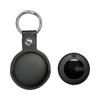A black tracking tag with a PU case and a metal keyring attached, featuring a logo.