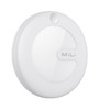 A white MiTag Duo Global Tracking Tag, circular in shape, with a glossy surface and a logo.