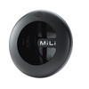 A round black tracking tag with a glossy finish and a logo, featuring a smooth surface.
