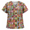 A vibrant unisex Christmas scrub top featuring a colourful patchwork of festive characters and designs. It has a logo emblem.