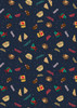 A unisex Christmas scrub top featuring a playful pattern of festive items in a navy blue background with various colours.
