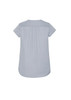A light blue women's blouse featuring a V-neck and pleat detailing at the back. Includes a logo.