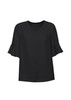 A black fluted sleeve blouse with a V-neck design. The blouse features stylish ruffled sleeves and has a logo.