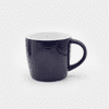 A ceramic mug in navy blue with a white interior and a rounded handle. It features a logo on the surface.