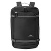 A black travel backpack with multiple zippered compartments and adjustable straps. It features a logo on the front.