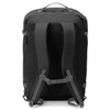 A black travel backpack with padded shoulder straps, featuring a sleek design and various adjustable straps.