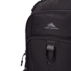 A black backpack featuring a front pocket and a logo. It has multiple zippers and a durable fabric.