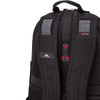 A black backpack with padded mesh straps and a logo on the back. It features adjustable straps and zippers.