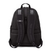 A black backpack with padded, adjustable straps and mesh detailing. It features a logo on the front.