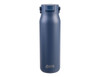 A drink bottle in navy blue with a sleek design and a logo on the front. Features a secure lid for easy sipping.