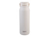 A drink bottle in a soft cream colour with a secure lid and a logo on the side.