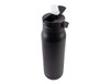 A drink bottle in matte black finish with a flip-top lid and a logo. It features a vacuum insulated design.