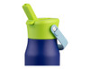 A drink bottle with a navy blue body, green lid, and light blue handle, featuring a straw attachment.